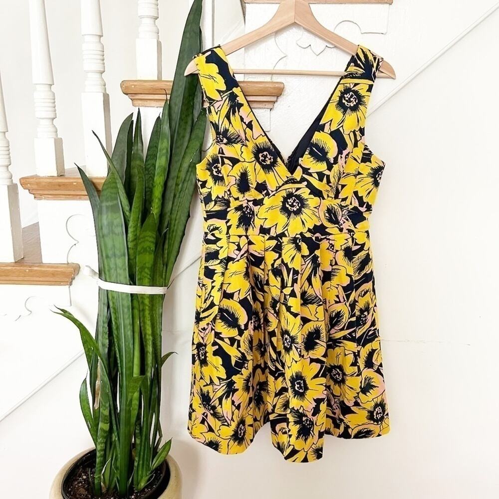 J. Crew Yellow Navy Blue Sunflower Print Sleeveless V-Neck A-Line Dress
